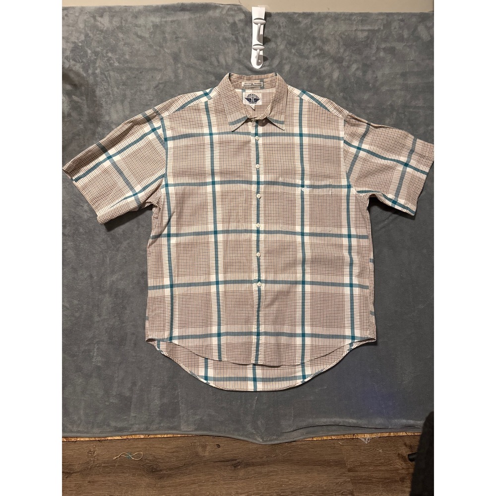 Dockers Mens XL Short Sleeve Button Down Shirt Plaid Brown Teal 100% Cotton